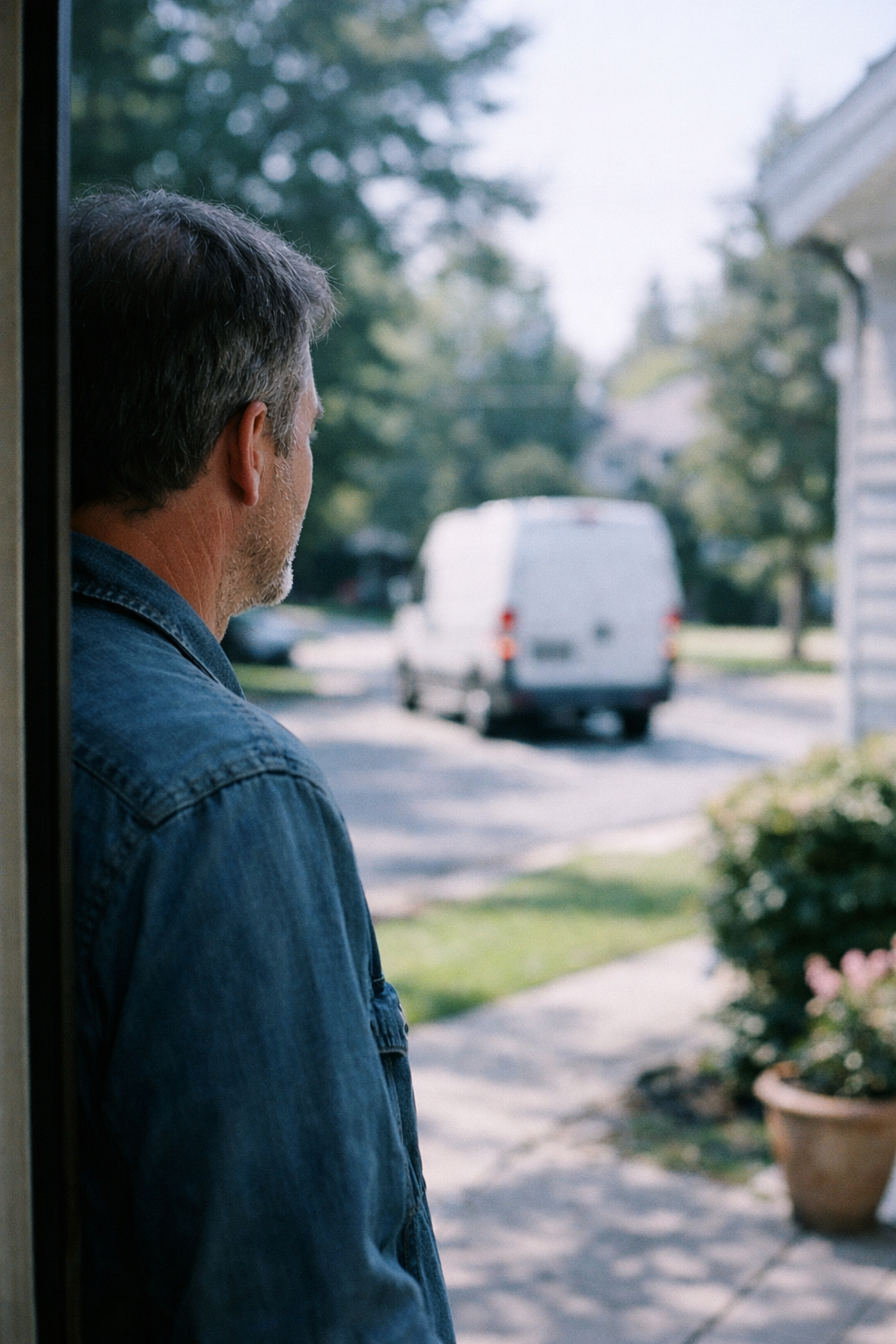 Homeowner watching service van drive away