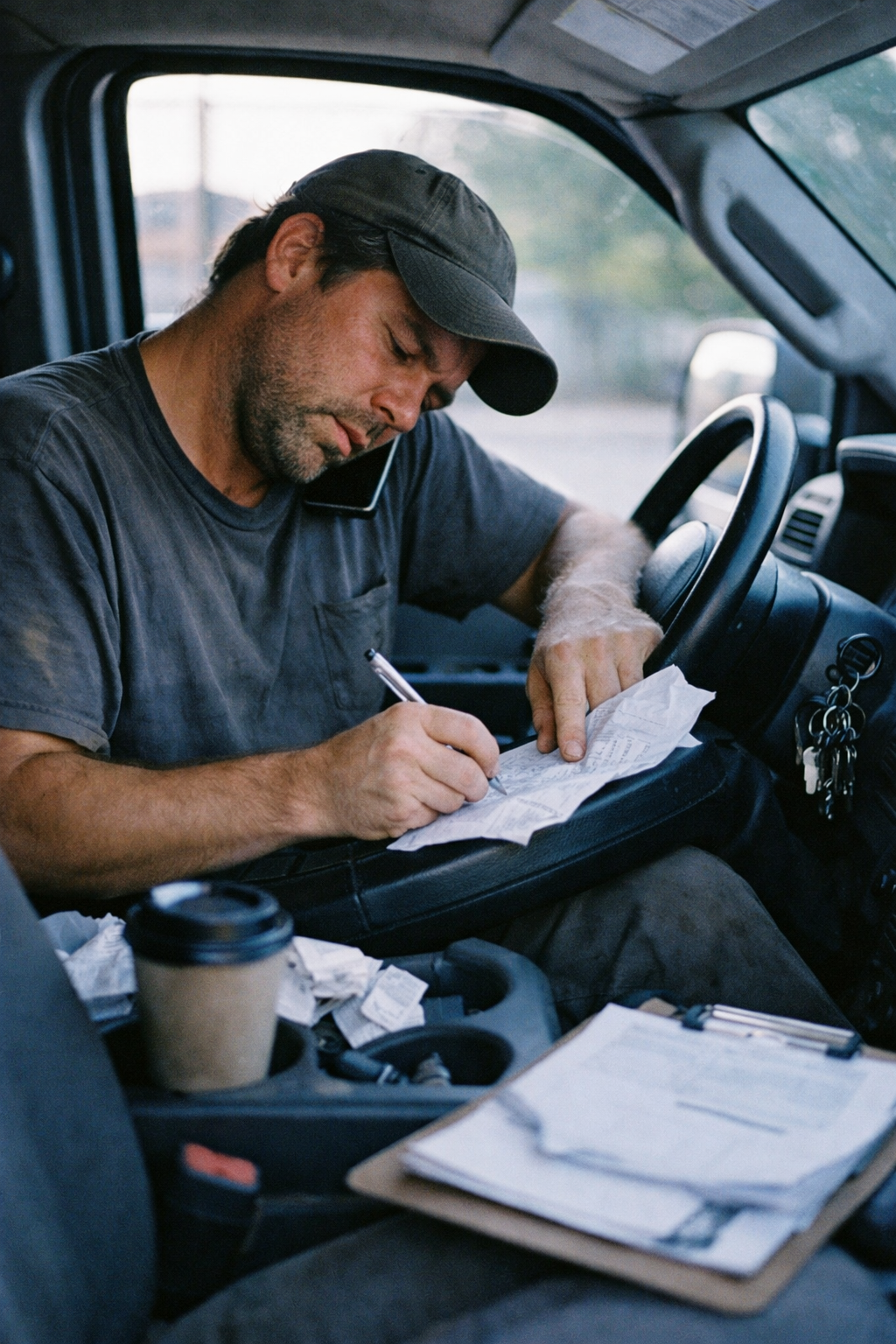 Trades worker in truck scribbling notes while on the phone