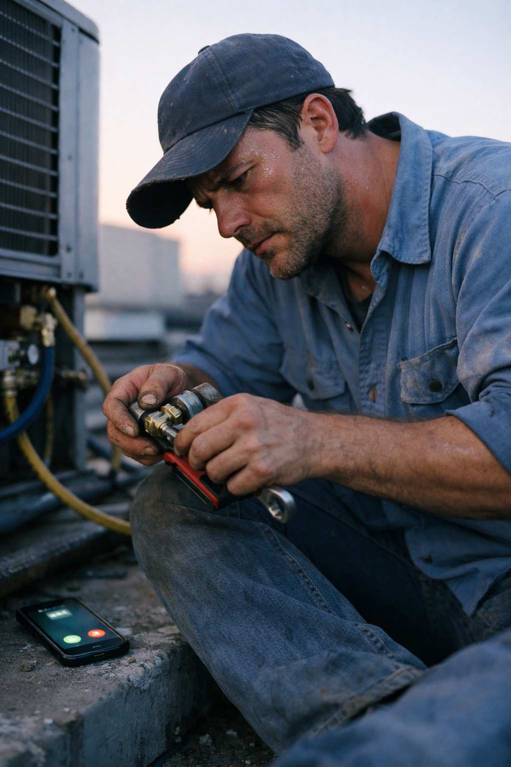 HVAC technician working on equipment while phone rings on the ground